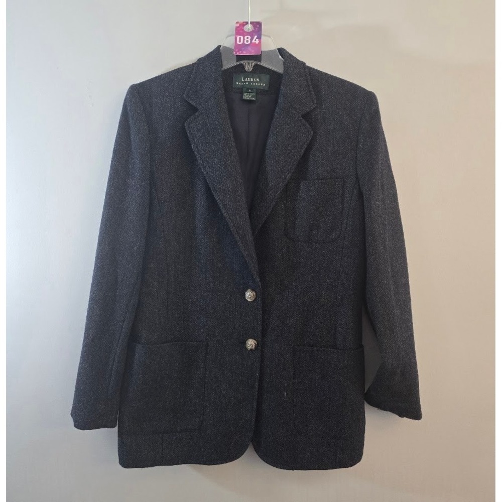 Lauren Ralph Lauren Womens Blazer Charcoal Grey 100% Wool Tweed Equestrian Sz 6
